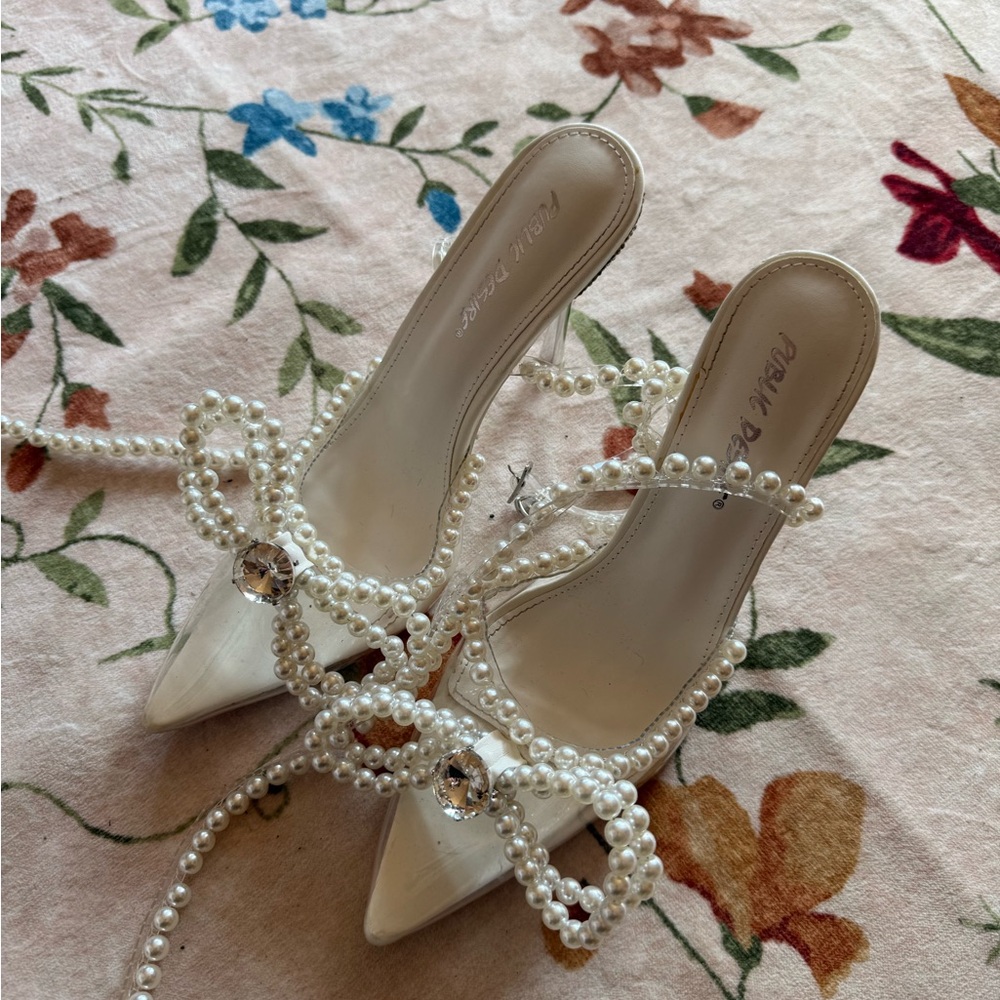 Public Desire White Heels with Pearl Embellishments